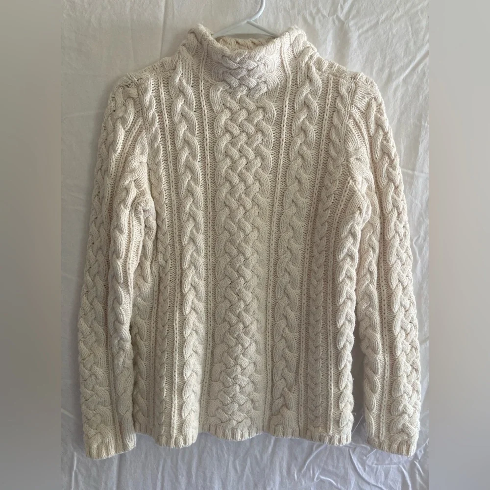 Women’s Lands’ End chunky cableknit cream wool cotton blend turtleneck sweater - Picture 1 of 7